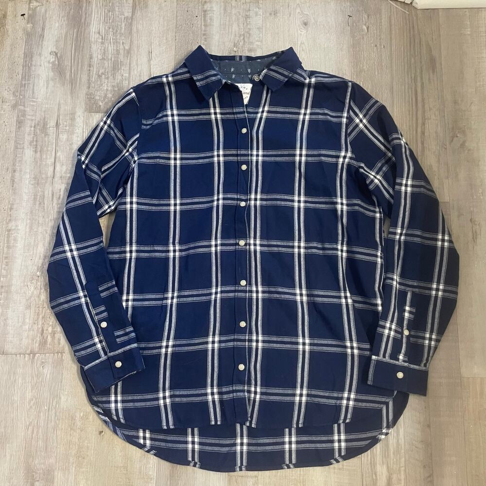 Jachs Girlfriend Ladies L shirt Womens Cozy Flannel snap up blue plaid size Lg - Picture 3 of 9